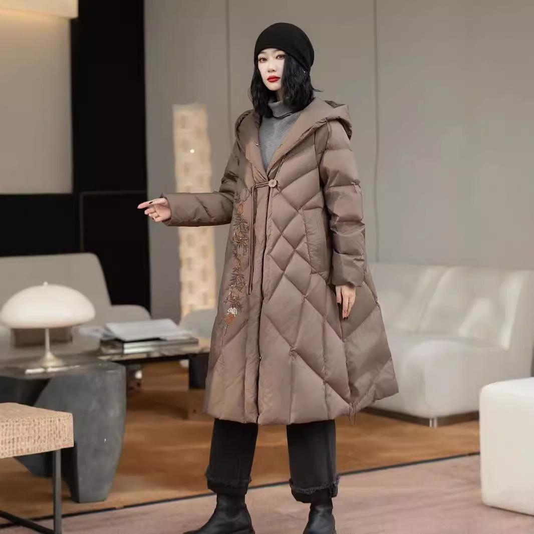 Damen Daunenjacke 2024 Winter Neue weiße Entendaunen Verdickte Kapuze Lose Koreanische Version Damen Daunenjacke Langer Mantel L von Joom DACH