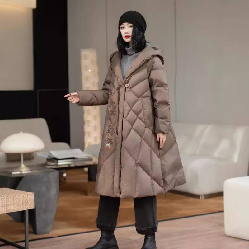 Damen Daunenjacke 2024 Winter Neue weiße Entendaunen Verdickte Kapuze Lose Koreanische Version Damen Daunenjacke Langer Mantel L dunkle khaki von Joom DACH