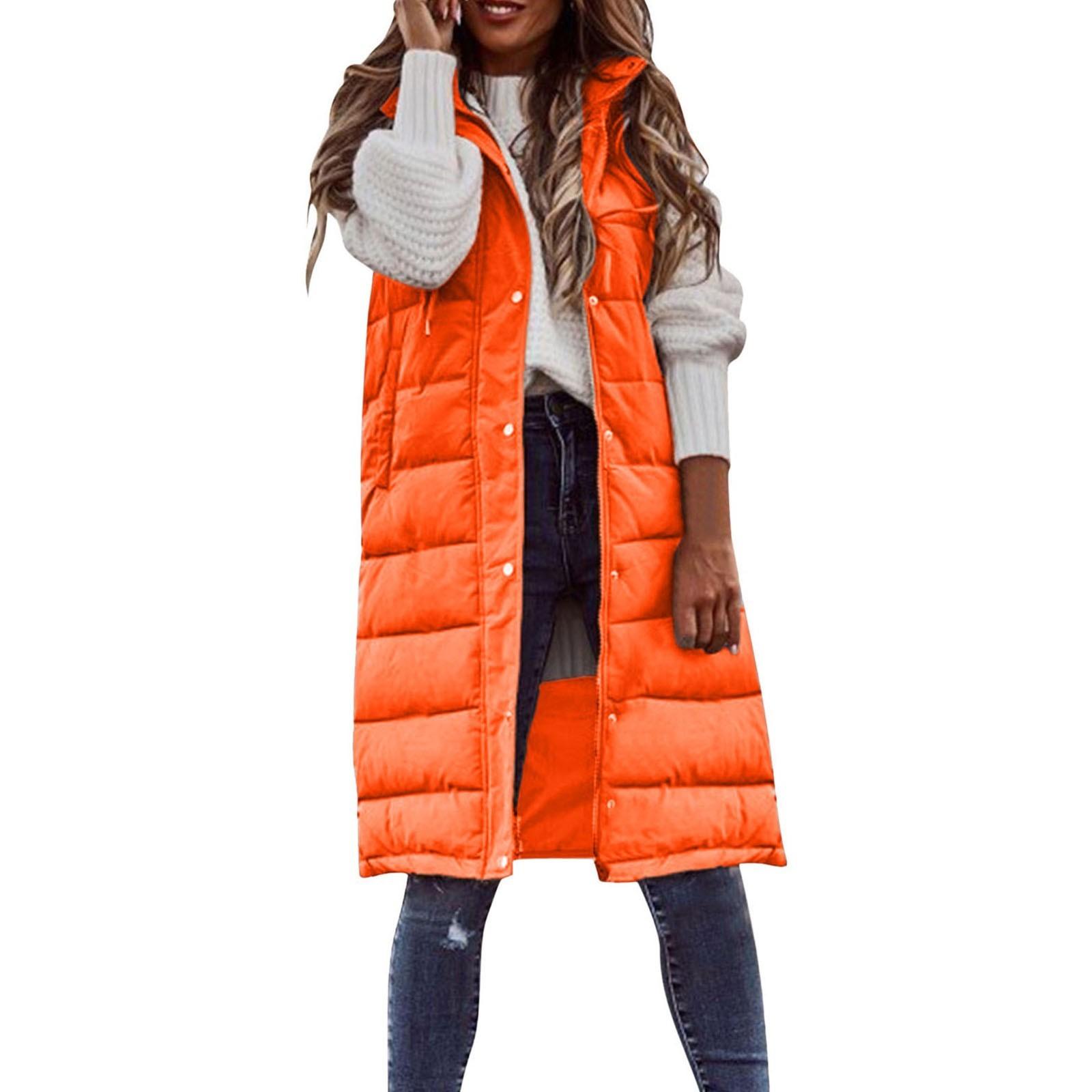 Damen Daunenjacke Steppmantel Ärmellos Winterjacke Leichte Pullover Lang mit Kapuze Outdoor Weste 4XL orange von Joom DACH