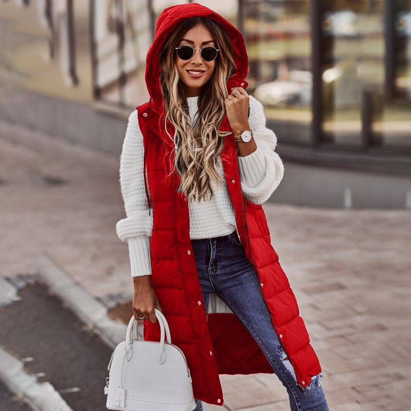 Damen Daunenjacke Steppmantel Ärmellos Winterjacke Leichte Pullover Lang mit Kapuze Outdoor Weste L rot von Joom DACH