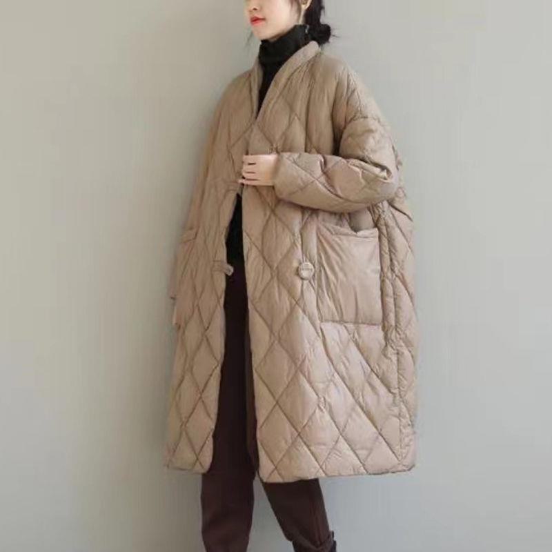 Damen-Daunenjacke aus Baumwolle mit großem Stehkragen – lockere Passform, einfarbig, gesteppt, mittellang für Herbst/Winter L khaki von Joom DACH