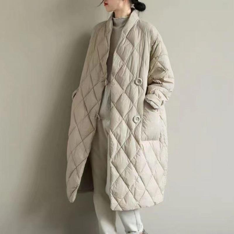 Damen-Daunenjacke aus Baumwolle mit großem Stehkragen – lockere Passform, einfarbig, gesteppt, mittellang für Herbst/Winter XL apricot von Joom DACH