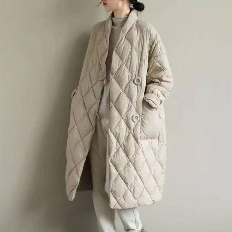 Damen-Daunenjacke aus Baumwolle mit großem Stehkragen – lockere Passform, einfarbig, gesteppt, mittellang für Herbst/Winter XL apricot von Joom DACH