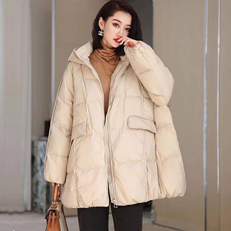 Damen Daunenjacke mit Kapuze, weiße Entendaunenjacke, Übergröße, Puffermantel, lässig, locker, dick, Parkas, Damenoberbekleidung One Size beige von Joom DACH
