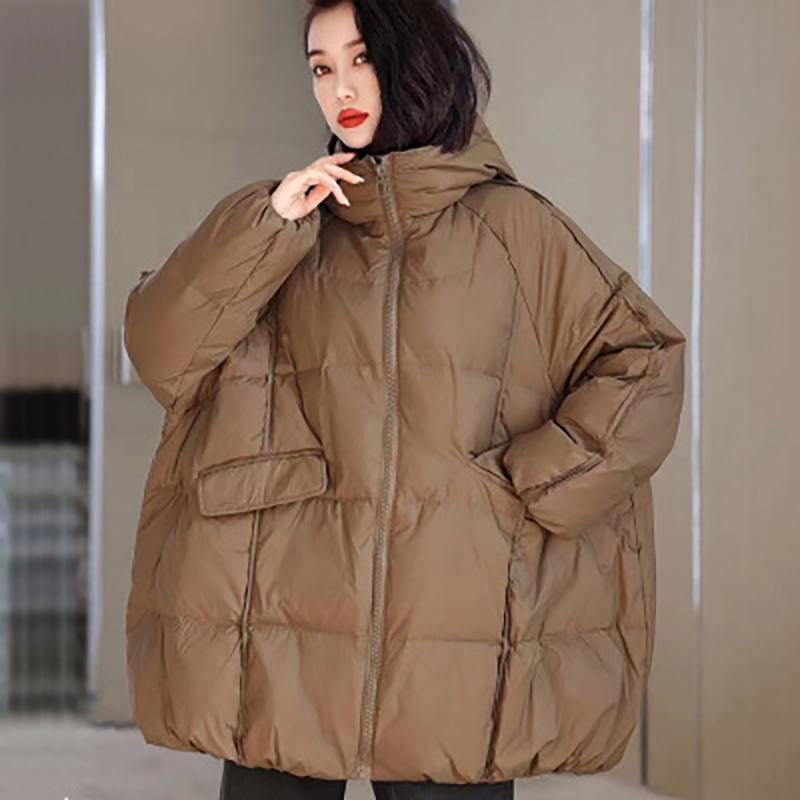 Damen Daunenjacke mit Kapuze, weiße Entendaunenjacke, Übergröße, Puffermantel, lässig, locker, dick, Parkas, Damenoberbekleidung One Size kaffeebraun von Joom DACH