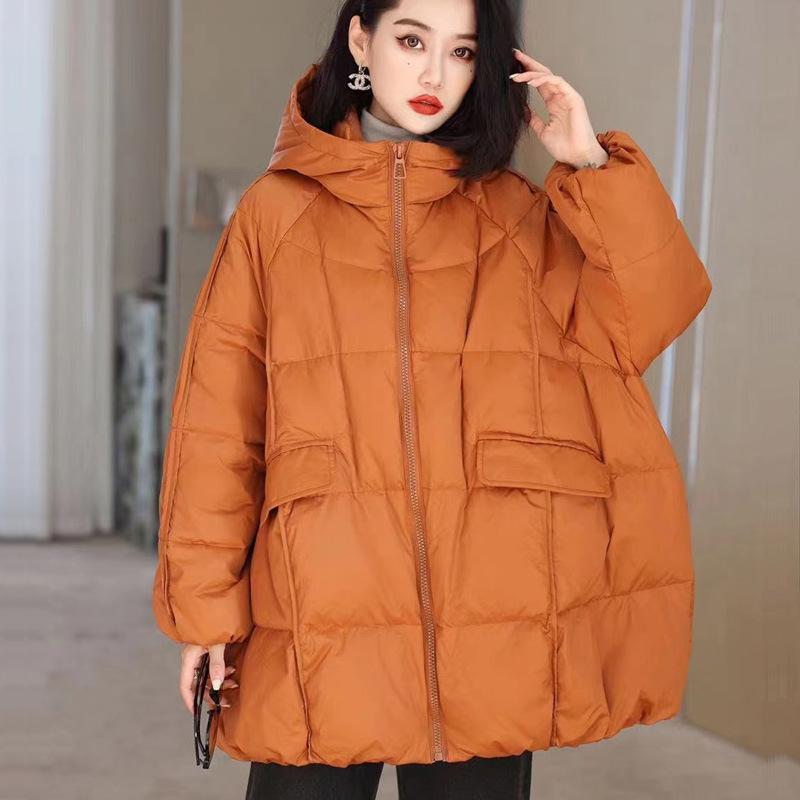 Damen Daunenjacke mit Kapuze, weiße Entendaunenjacke, Übergröße, Puffermantel, lässig, locker, dick, Parkas, Damenoberbekleidung One Size orange von Joom DACH