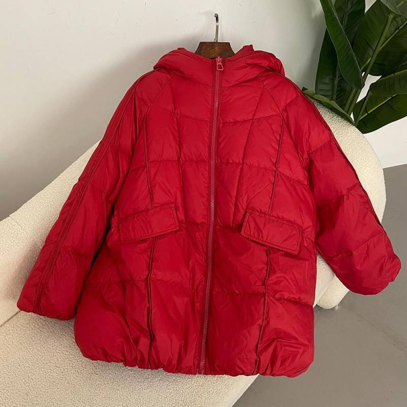 Damen Daunenjacke mit Kapuze, weiße Entendaunenjacke, Übergröße, Puffermantel, lässig, locker, dick, Parkas, Damenoberbekleidung One Size rot von Joom DACH