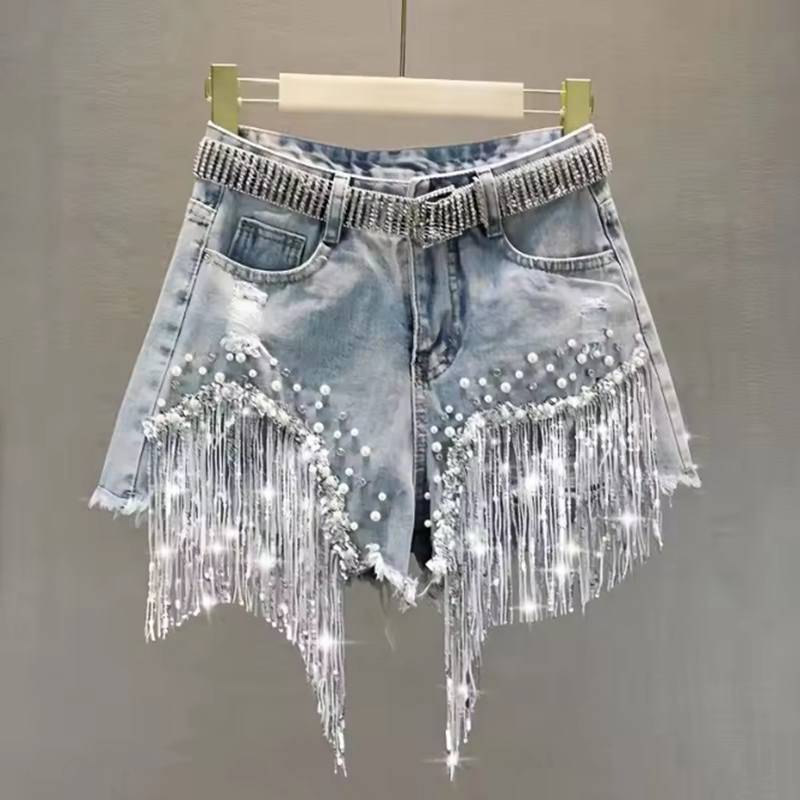 Damen Denim Shorts Sommerkleidung Neu Europäisch Hohe Taille Dünn Schwerindustrie Perlen Pailletten Fransen Destroyed Kupfer Jeans S von Joom DACH