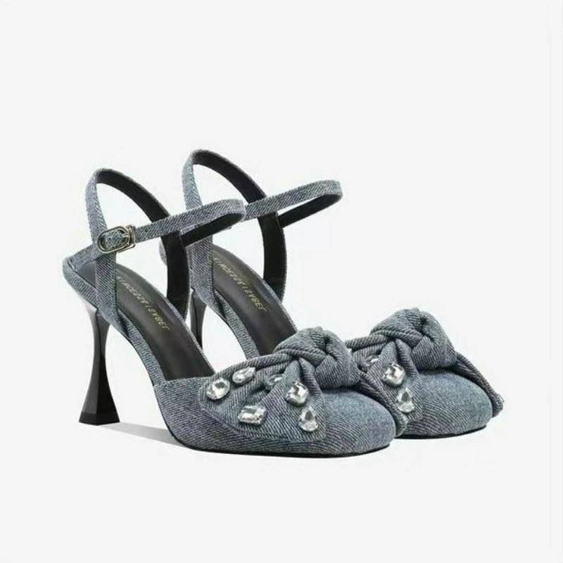 Damen Designer Sandalen Neue Blue Denim High Heels Sommer Stilvolle Slingback Plateau Sandalen Elegante Schleife Damen Date Schuhe 35 dunkelblaue von Joom DACH