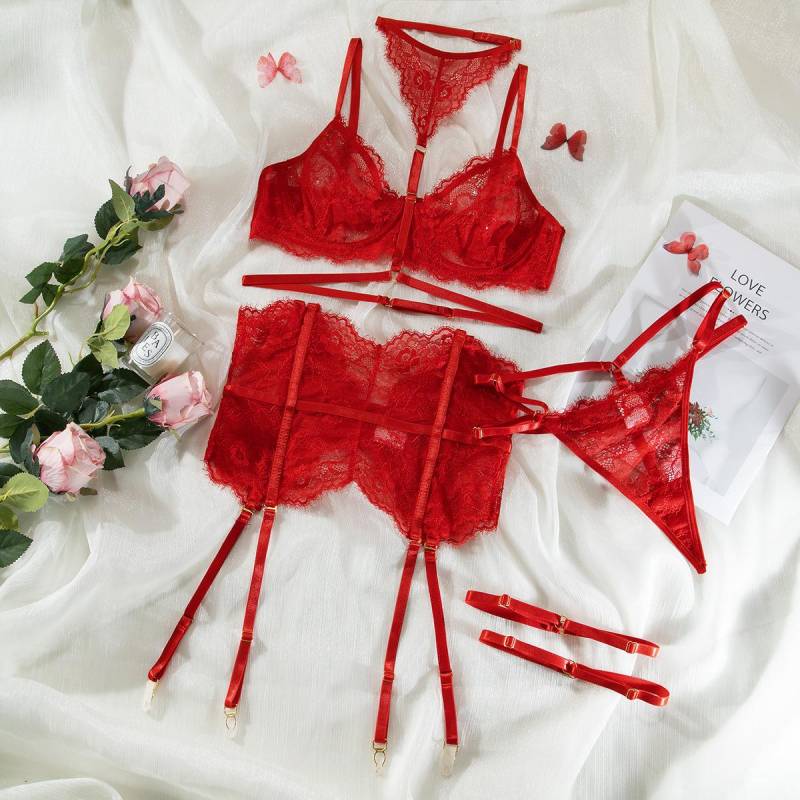 Damen-Dessous, zweiteilige Sets, Damen-Spitzen-BH und Höschen-Set, einfarbig, Schnür-Dessous-Set, Party-Unterwäsche M rot von Joom DACH