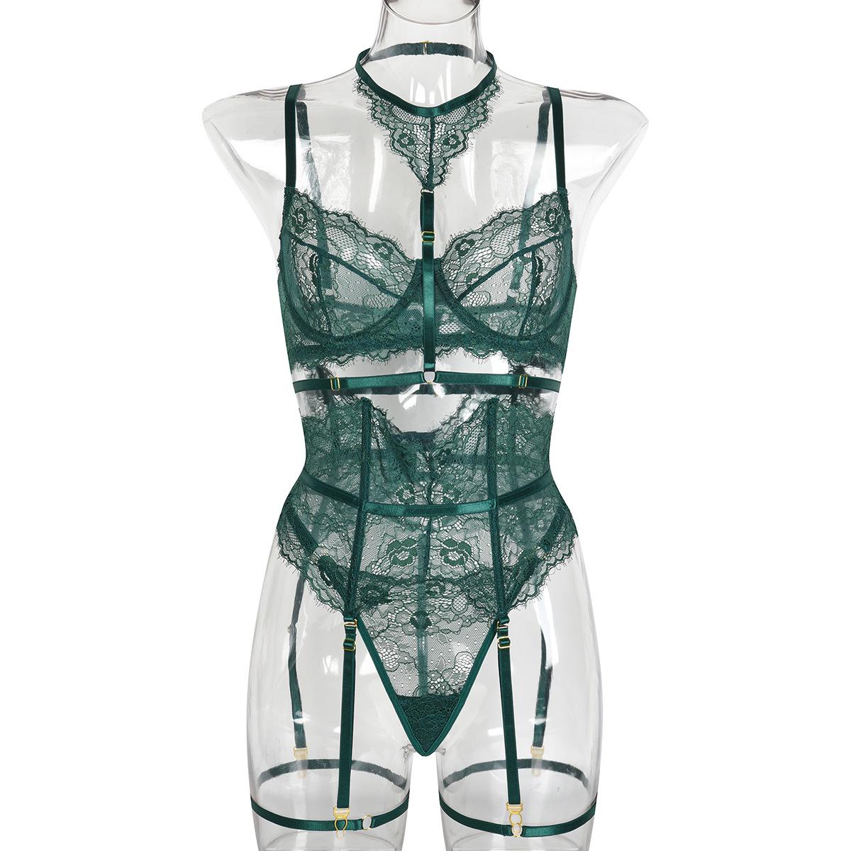 Damen-Dessous, zweiteilige Sets, Damen-Spitzen-BH und Höschen-Set, einfarbig, Schnür-Dessous-Set, Party-Unterwäsche S grün von Joom DACH