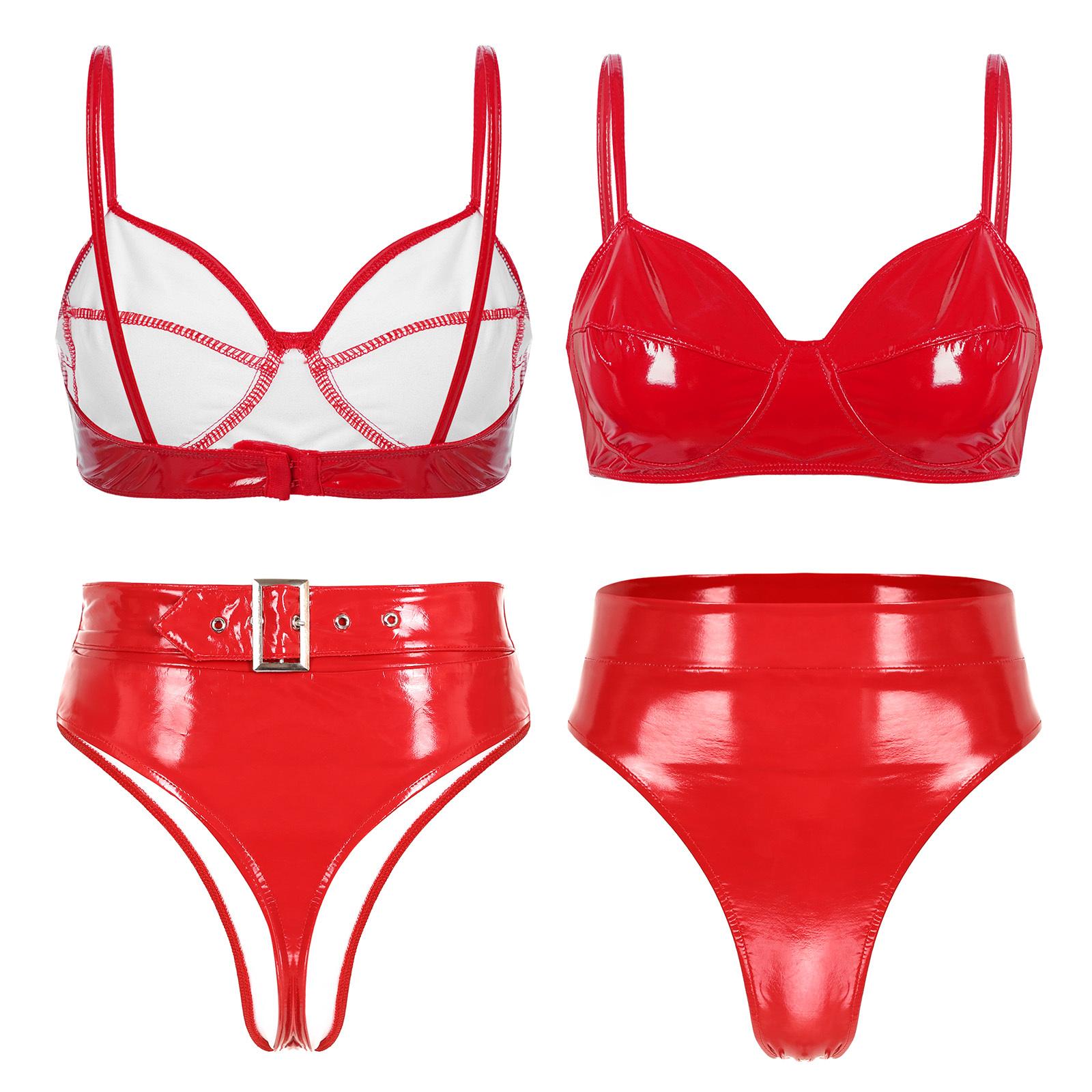 Damen-Dessous-Set, 2-teilig, Wet-Look, Lackleder, ohne Bügel, ohne Polsterung, BH-Top und Slip-Set, Clubwear M rot von Joom DACH