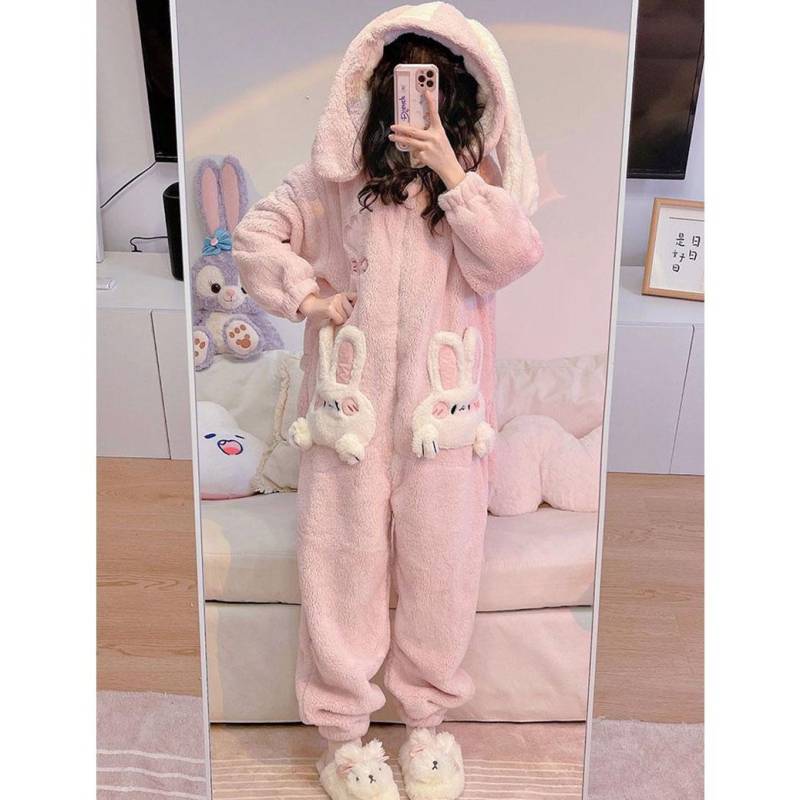 Damen Dick Warm Lieblich Hasenohren Korallenfleece Damen Niedlich Hase Preppy Cartoon Kapuzenpullover Kawaii Weiblicher Pyjama L rosa von Joom DACH