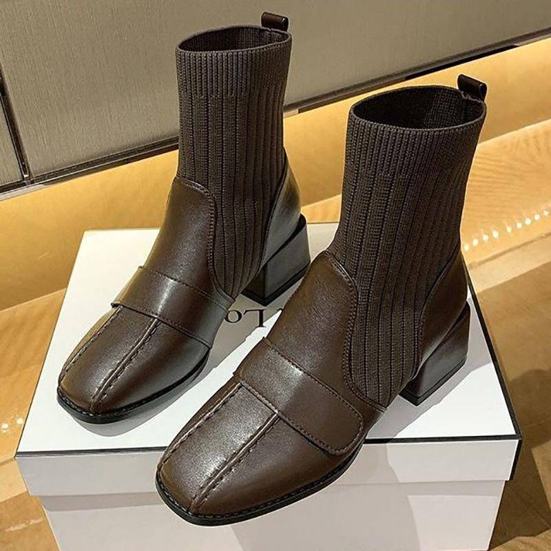 Damen Dicker Absatz Modische Stiefel Herbst und Winter Trend All-Match High-Heeled Stiefel Kurze Röhre High-Top Schuhe Mikrofaser Sockenstiefel 37 von Joom DACH