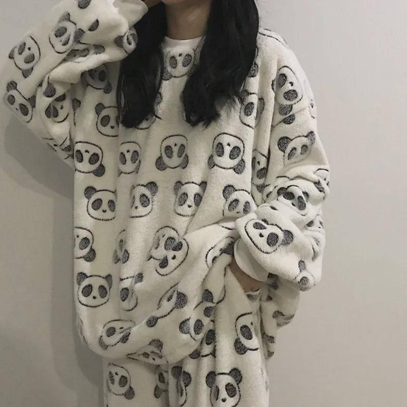 Damen Dickes Flanell Pyjama Set: Kurzärmeliges Korallenfleece, Cartoon-Druck XXL von Joom DACH