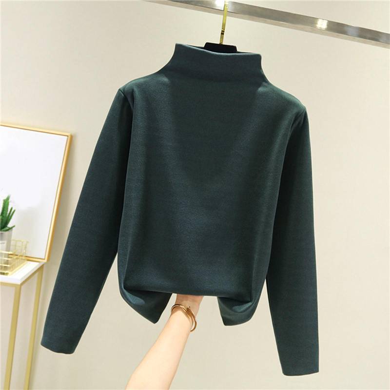 Damen Dickes Fleece-Basisshirt mit warmer Innenschicht und nahtlosem Langarm-T-Shirt Halbhoher Kragen Top XL dunkelgrüne von Joom DACH