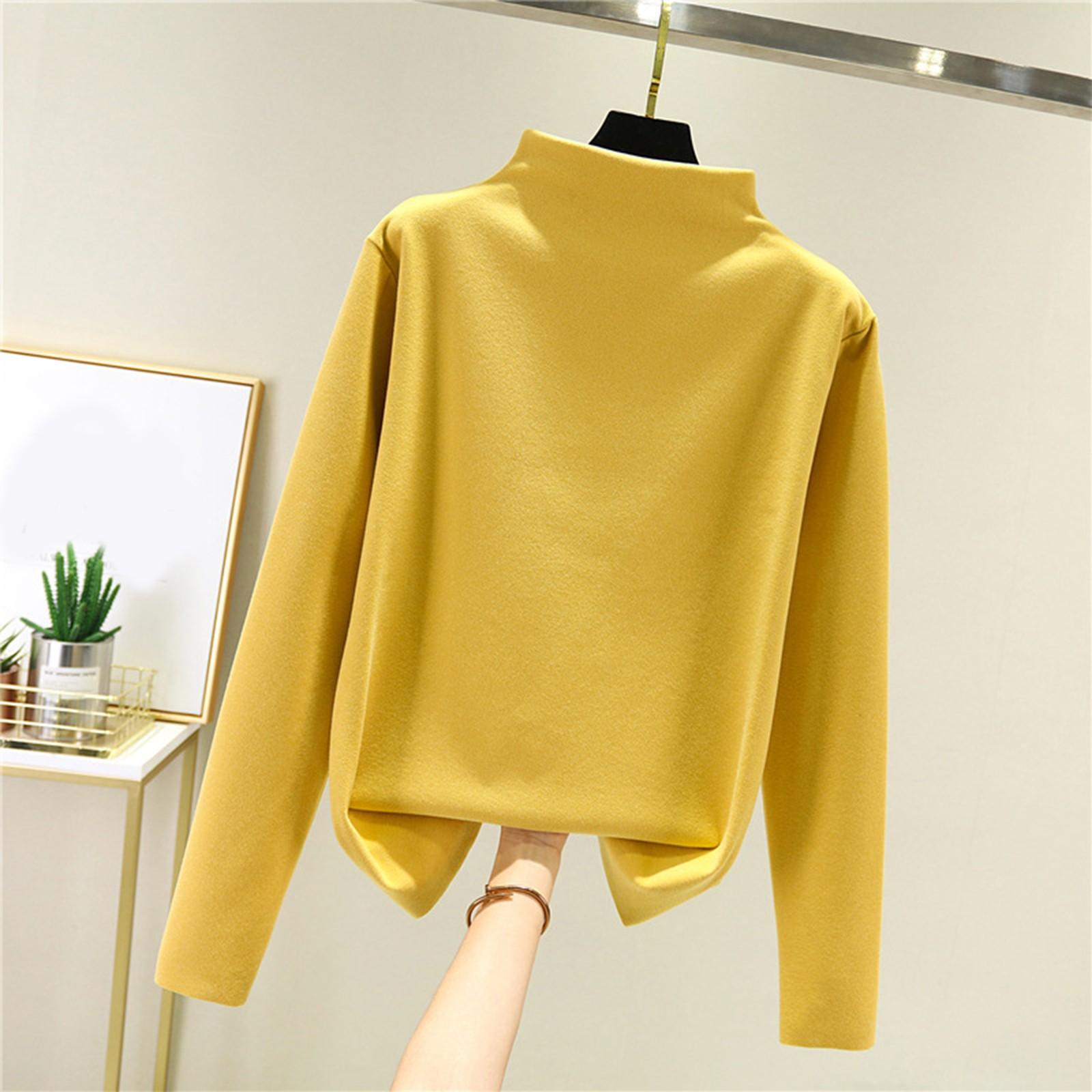 Damen Dickes Fleece-Basisshirt mit warmer Innenschicht und nahtlosem Langarm-T-Shirt Halbhoher Kragen Top XXL gelb von Joom DACH