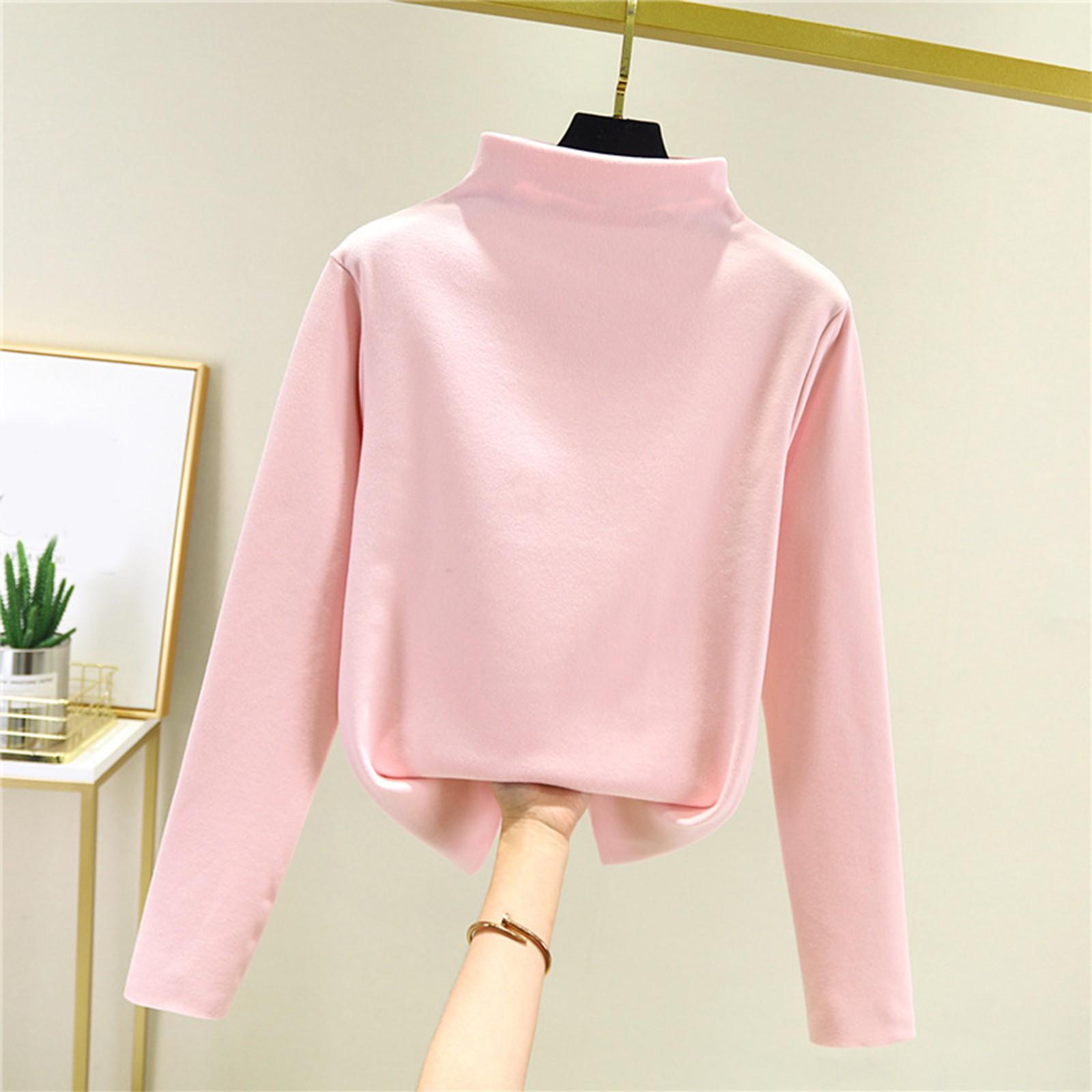 Damen Dickes Fleece-Basisshirt mit warmer Innenschicht und nahtlosem Langarm-T-Shirt Halbhoher Kragen Top XXL rosa von Joom DACH