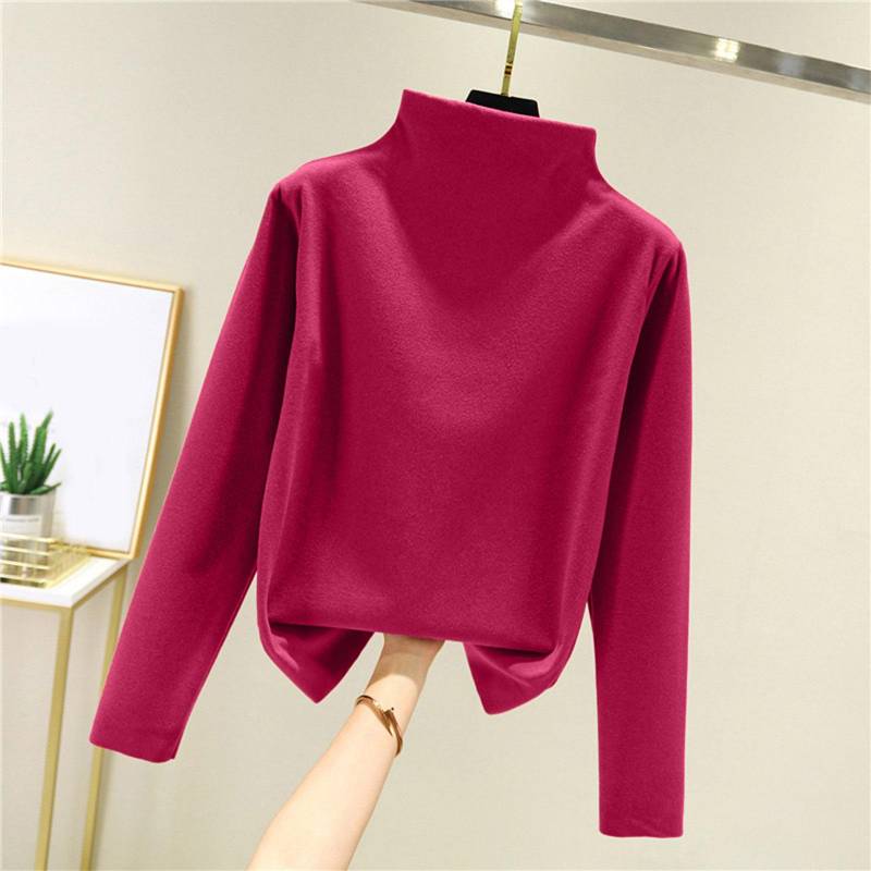 Damen Dickes Fleece-Basisshirt mit warmer Innenschicht und nahtlosem Langarm-T-Shirt Halbhoher Kragen Top XXL Zinnoberrot von Joom DACH