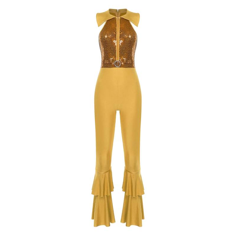 Damen-Disko-Overall, glänzende Pailletten, ärmellos, Schlaghosen-Design, Strass-O-Ring-Akzente für 70er-Jahre-Mottopartys S gold von Joom DACH
