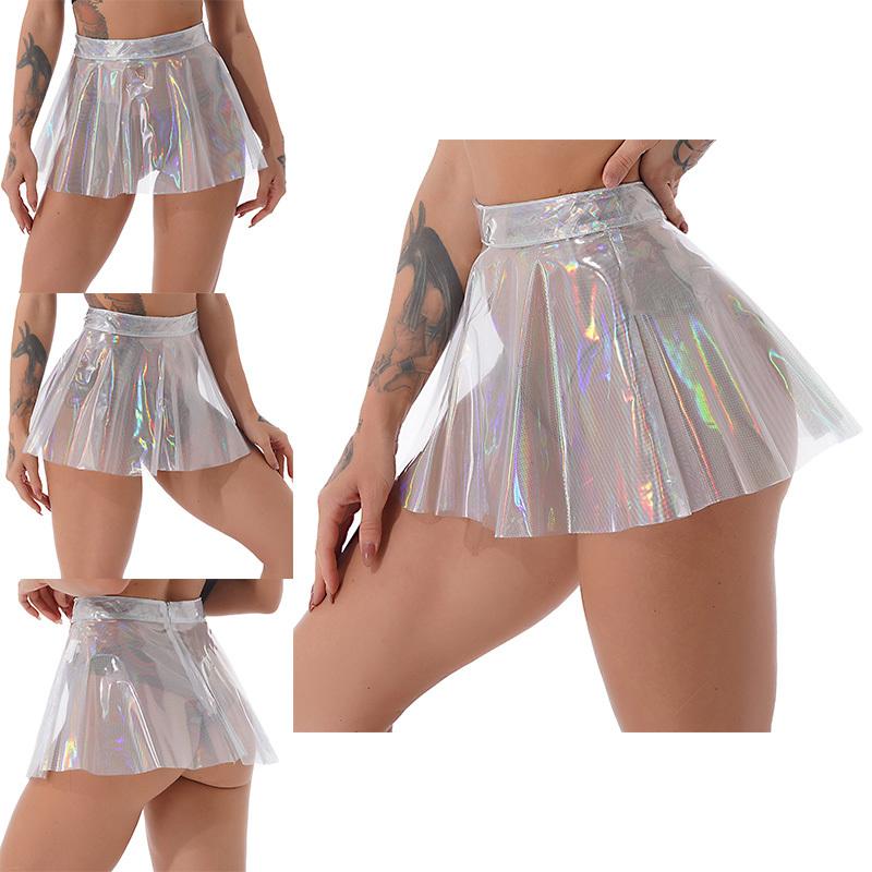 Damen Durchsichtiger ausgestellter Rock Clubwear Glänzend Glänzend Hohe Taille Reißverschluss hinten Minirock XL transparent von Joom DACH
