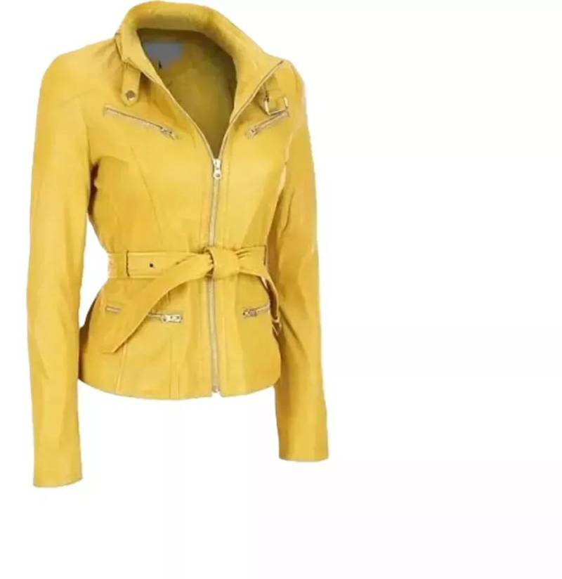 Damen Echtes Lammleder Gelbe Jacke Designer Bikerjacke Gürtelmantel XL gelb von Joom DACH