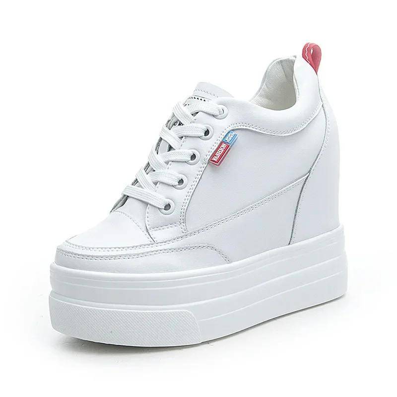 Damen Echtleder 11cm Hidden Wedge Sneakers Plateauschuhe High Heels Sneakers Damen Freizeitschuhe Weiße Turnschuhe 36 weiß von Joom DACH