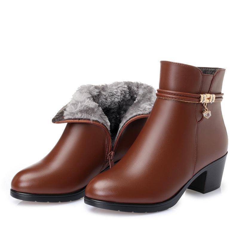 Damen Echtleder Stiefeletten Damen Wolle Rutschfeste Schneestiefel Damen Stiefel mit dickem Absatz Damen High Heels Schuhe Große Größe 35-43 35 von Joom DACH