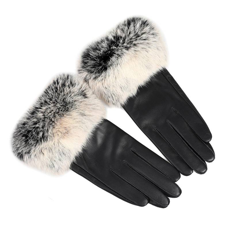 Damen Echtlederhandschuhe mit Kaninchenfellbesatz am Stulpenrand, Samtfutter, für kaltes Wetter beim Autofahren M 7in 18cm von Joom DACH