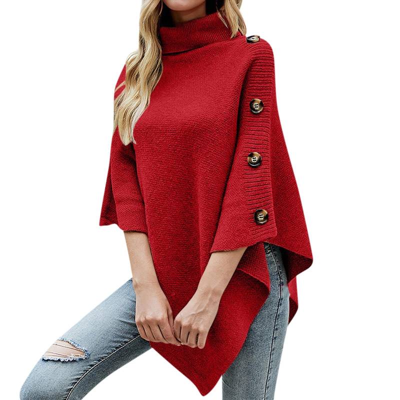 Damen Einfarbig Hochkragen Schal Cape Schlitz Strickpullover Mantel XL rot von Joom DACH