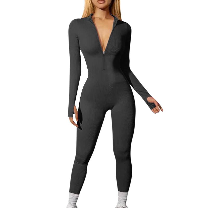 Damen Einfarbig Sport Casual Jumpsuit Langarm Reißverschluss Jumpsuit Lange Hosen Enganliegend L schwarz von Joom DACH