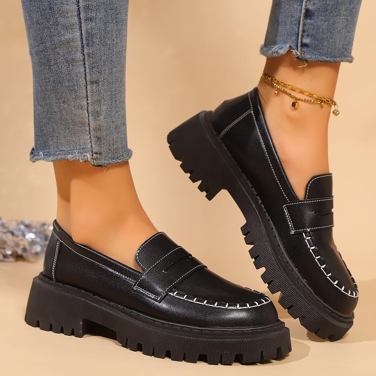 Damen Einfarbige Plateau-Loafer Mode Preppy-Stil PU-Leder Kleiderschuhe Frau Übergröße Bequem Slipper Arbeitsschuhe 42 schwarz von Joom DACH