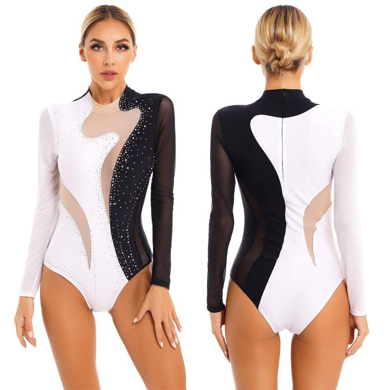 Damen Eiskunstlauf Kostüm Jazz Dance Unitard Damen Tanzbekleidung Ballett Trikot Tanzbekleidung Bühnenauftritt S schwarz/weiß von Joom DACH