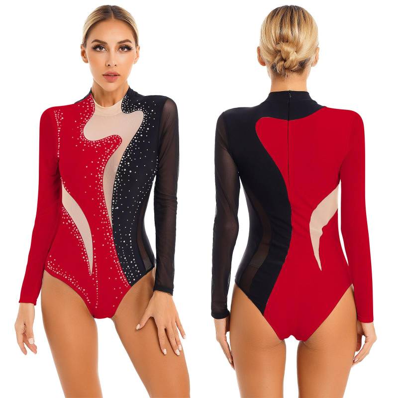 Damen Eiskunstlauf Kostüm Jazz Dance Unitard Damen Tanzbekleidung Ballett Trikot Tanzbekleidung Bühnenauftritt S schwarz/rot von Joom DACH