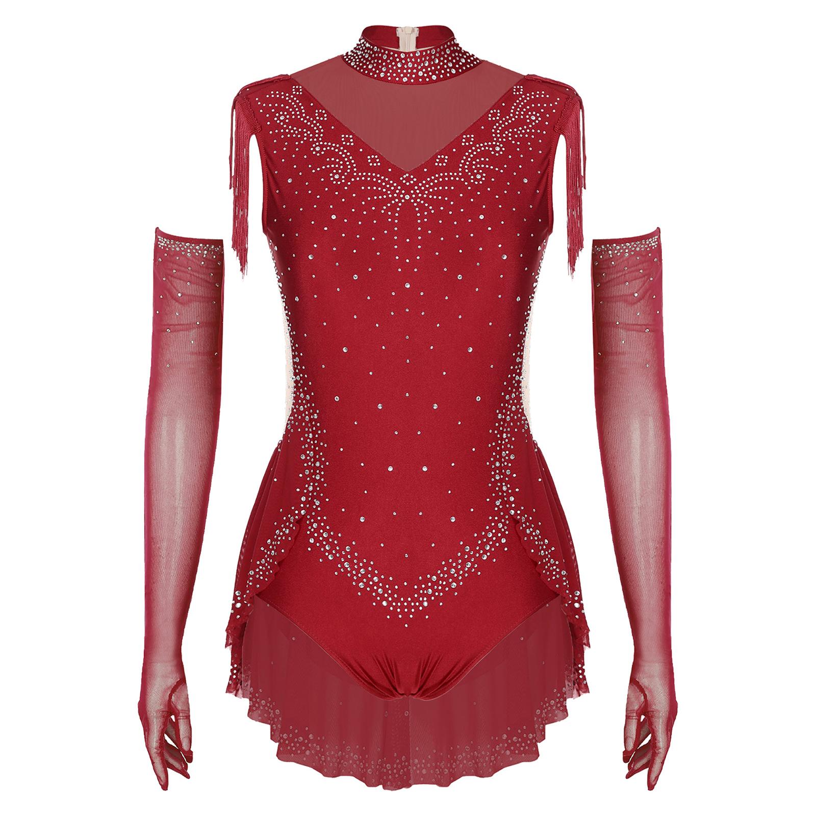 Damen Eiskunstlauf Set Ärmellos Stehkragen Transparentes Mesh Patchwork Quasten Rock Body Handschuhe Strass Kostüm M von Joom DACH