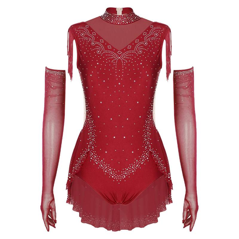 Damen Eiskunstlauf Set Ärmellos Stehkragen Transparentes Mesh Patchwork Quasten Rock Body Handschuhe Strass Kostüm S bordeaux von Joom DACH