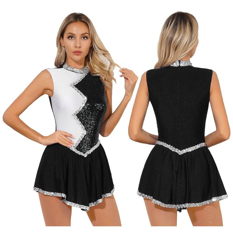 Damen Eiskunstlauf-Tanz-Performance-Kostüm, ärmelloses Kleid mit glänzenden Pailletten und Farbblock-Patchwork L schwarz von Joom DACH