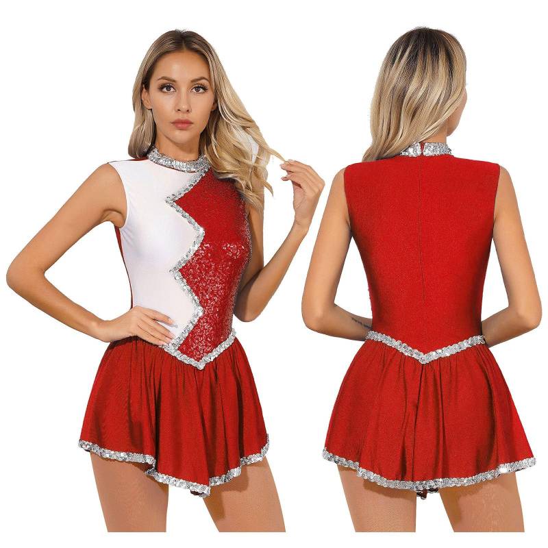 Damen Eiskunstlauf-Tanz-Performance-Kostüm, ärmelloses Kleid mit glänzenden Pailletten und Farbblock-Patchwork S rot von Joom DACH