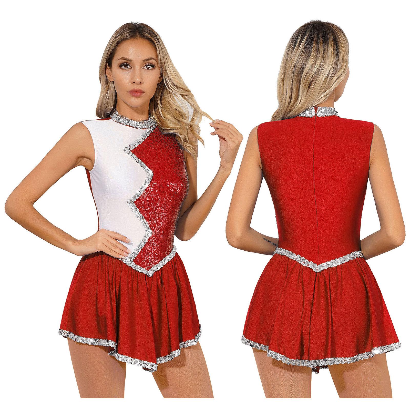 Damen Eiskunstlauf-Tanz-Performance-Kostüm, ärmelloses Kleid mit glänzenden Pailletten und Farbblock-Patchwork XL rot von Joom DACH