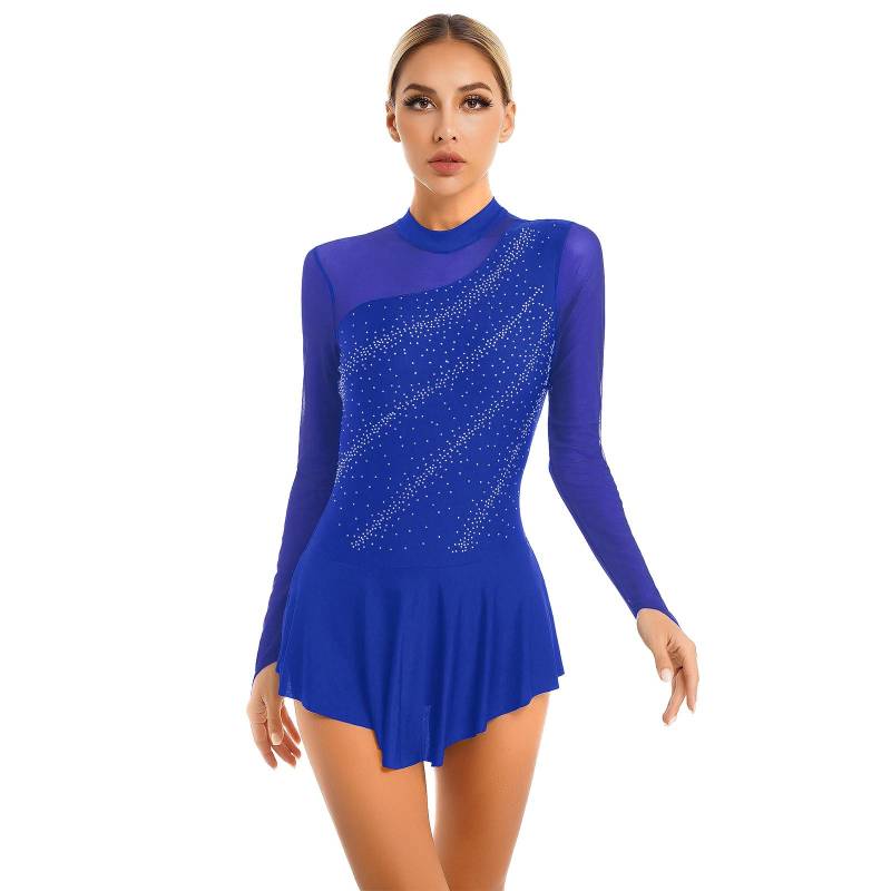 Damen-Eiskunstlauf-Tanzkleid, Strass-durchsichtiges Mesh-Patchwork-Langarm-Trikotkleid M königsblau von Joom DACH