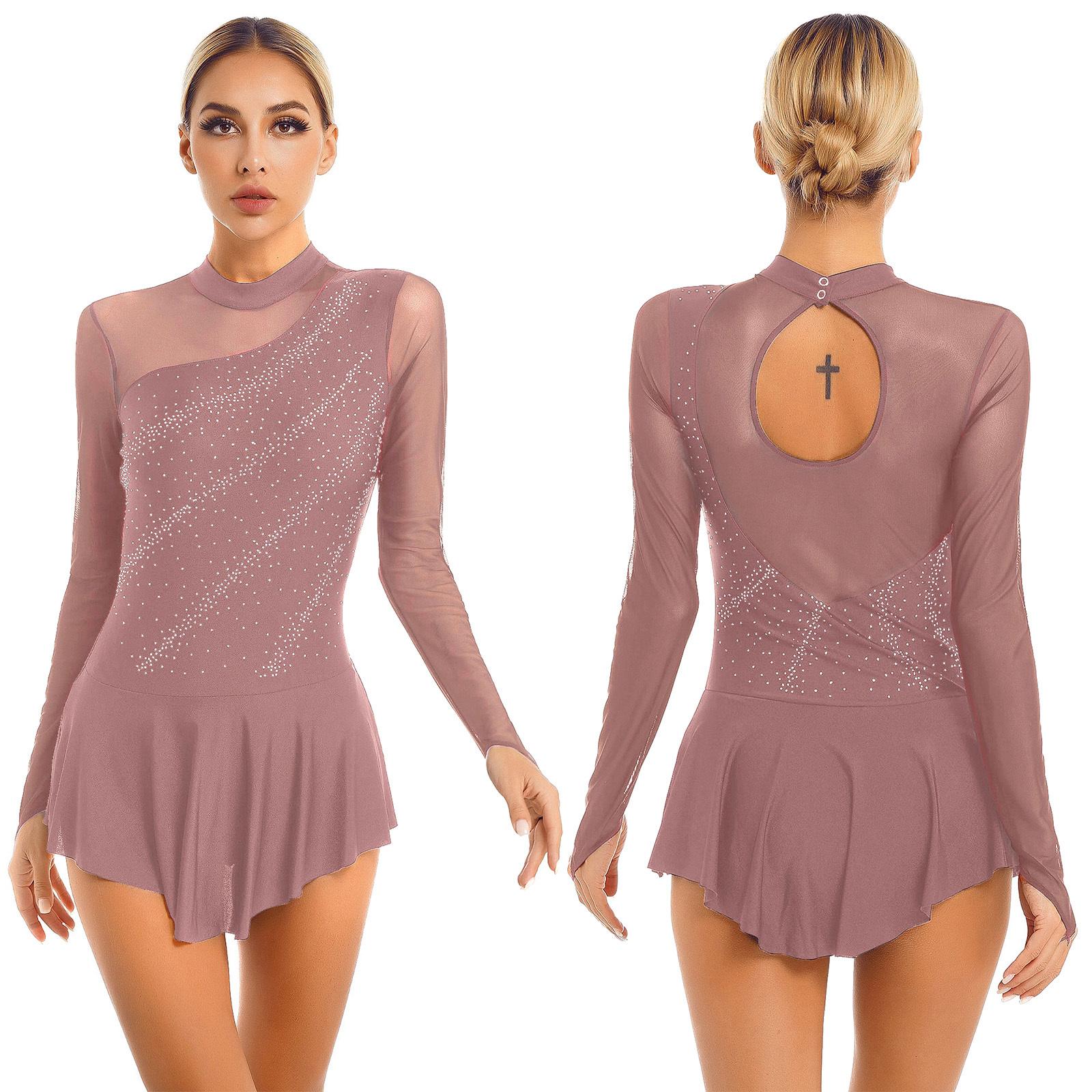 Damen-Eiskunstlauf-Tanzkleid, Strass-durchsichtiges Mesh-Patchwork-Langarm-Trikotkleid M pastel rosa von Joom DACH
