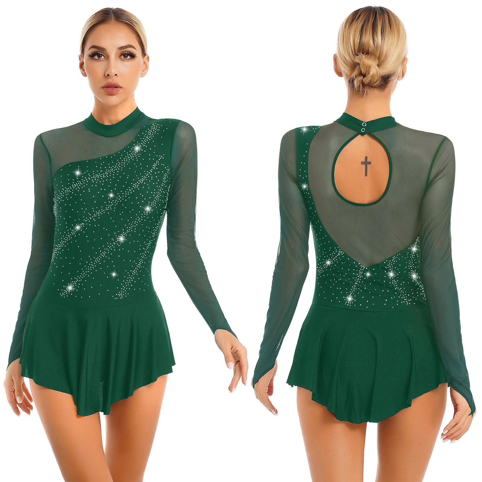 Damen-Eiskunstlauf-Tanzkleid, Strass-durchsichtiges Mesh-Patchwork-Langarm-Trikotkleid S grün von Joom DACH