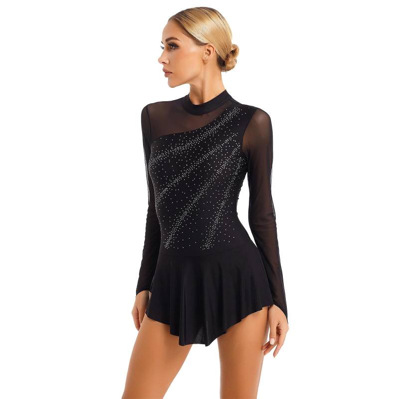 Damen-Eiskunstlauf-Tanzkleid, Strass-durchsichtiges Mesh-Patchwork-Langarm-Trikotkleid S schwarz von Joom DACH