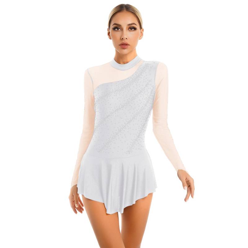 Damen-Eiskunstlauf-Tanzkleid, Strass-durchsichtiges Mesh-Patchwork-Langarm-Trikotkleid S weiß von Joom DACH