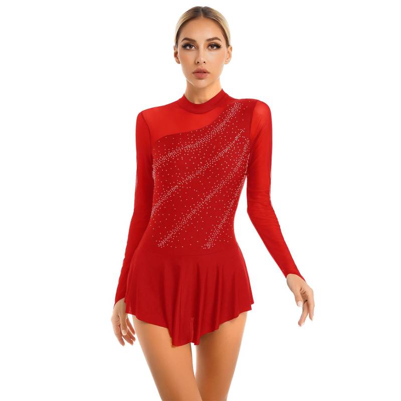 Damen-Eiskunstlauf-Tanzkleid, Strass-durchsichtiges Mesh-Patchwork-Langarm-Trikotkleid S rot von Joom DACH