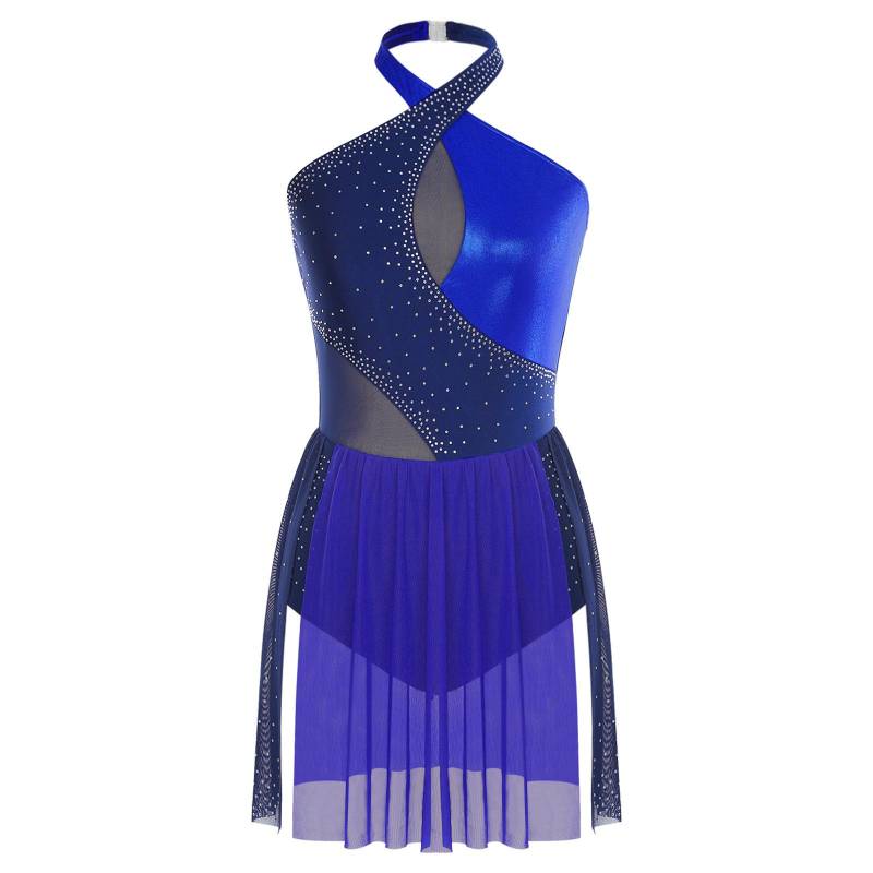 Damen Eiskunstlauf Trikot Glitzer Strass Unregelmäßiger Saum Einteiliger Body Kleid Ballett Latein Tanzkostüm M navy blau von Joom DACH