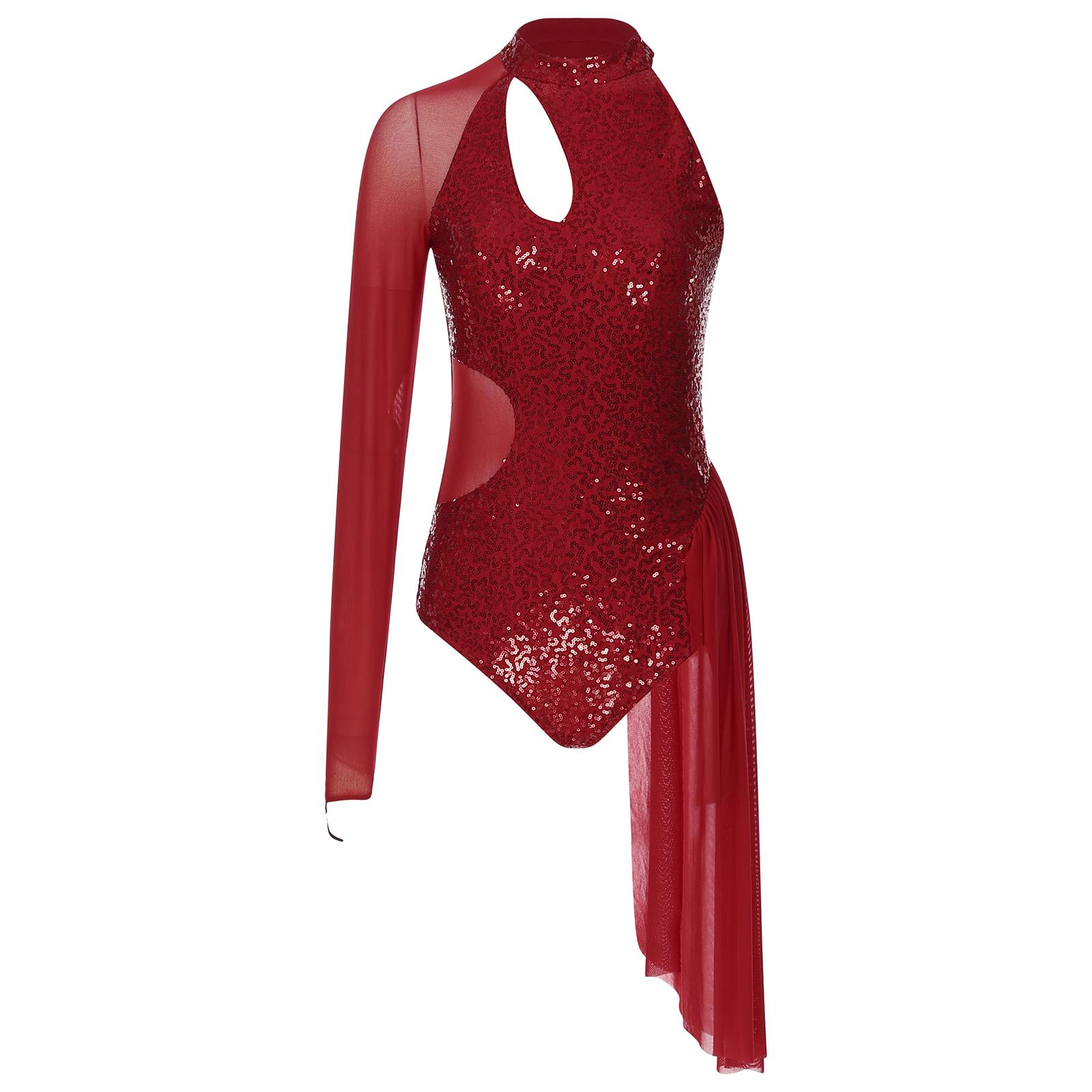 Damen Eiskunstlaufkleid Glitzer Pailletten Trikot Ein Schulter Transparentes Mesh Langarm Neckholder Tanzbekleidung S von Joom DACH