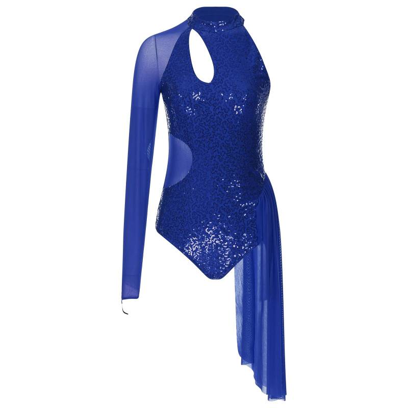 Damen Eiskunstlaufkleid Glitzer Pailletten Trikot Ein Schulter Transparentes Mesh Langarm Neckholder Tanzbekleidung S königsblau von Joom DACH