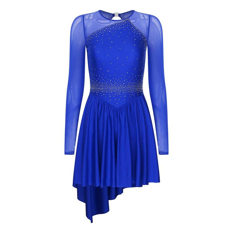 Damen Eiskunstlaufkleid Glitzernde Strasssteine Transparentes Mesh Langarm Ausschnitt Rücken Asymmetrischer Saum Wettkampfoutfit M blau von Joom DACH
