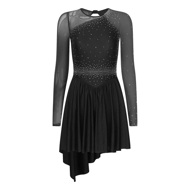 Damen Eiskunstlaufkleid Glitzernde Strasssteine Transparentes Mesh Langarm Ausschnitt Rücken Asymmetrischer Saum Wettkampfoutfit M schwarz von Joom DACH